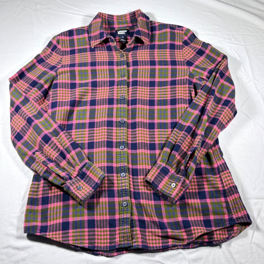 Lands End Flannel Shirt Women's Medium Pink Navy Plaid Long Sleeve Cotton Top